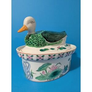 Vintage Chinese Duck Porcelain Tureen Bird Oval Covered Casserole Dish 9"x14"